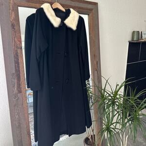 Grandura Jeshiva Women's Medium Trench Coat Black Felt Cream Fur Vintage